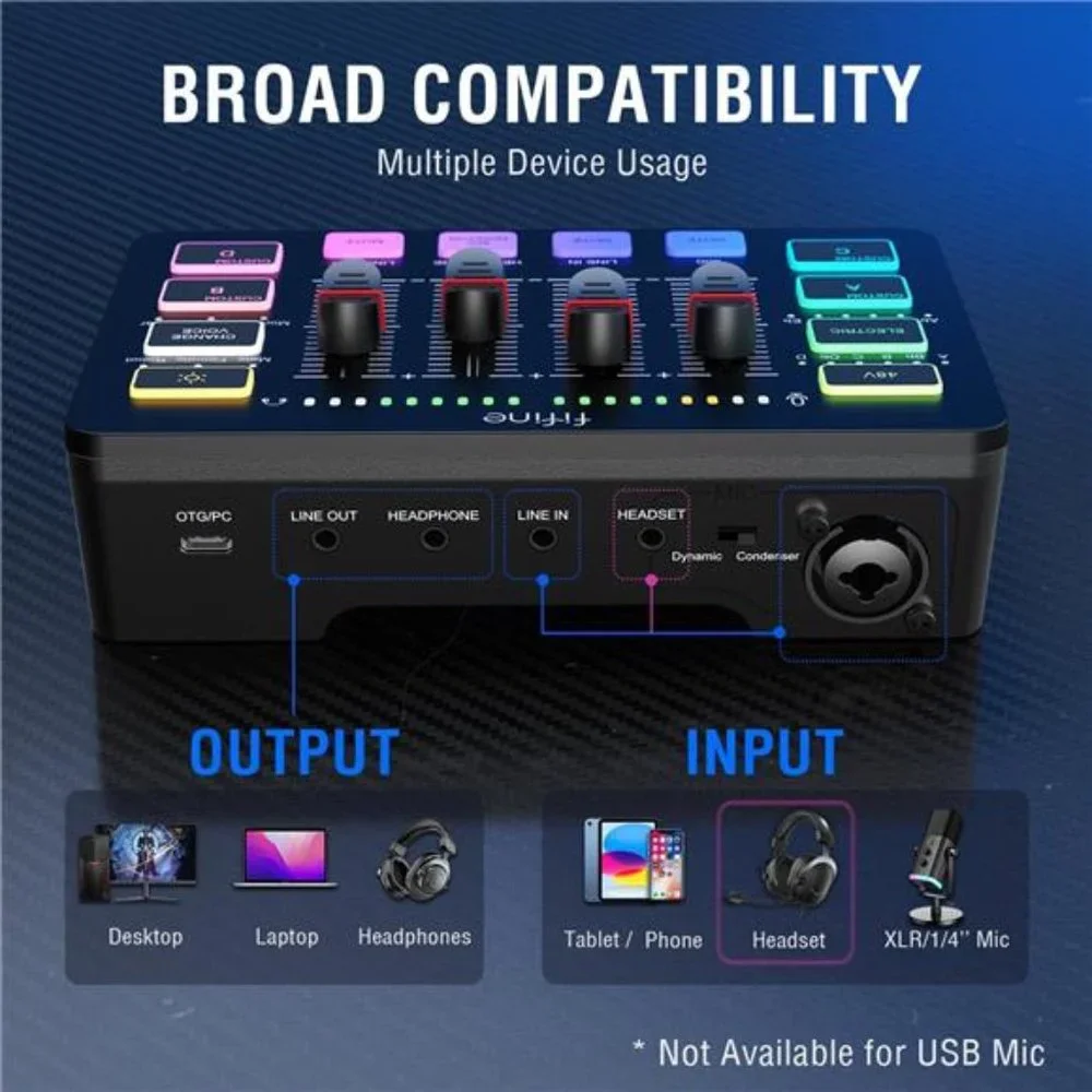 Gaming Audio Mixer, Streaming RGB PC Mixer with XLR Microphone Interface